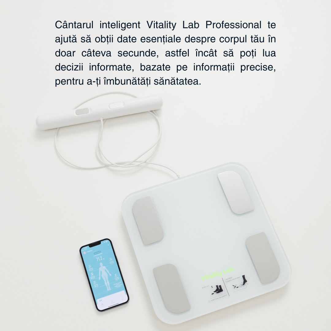 Cântar corporal inteligent Vitality Lab Professional, 18 indici corporali, 8 senzori analiză, calculator indice masă corporală, raport evoluție utilizator, număr de utilizatori nelimitat, integrare iOS/Android