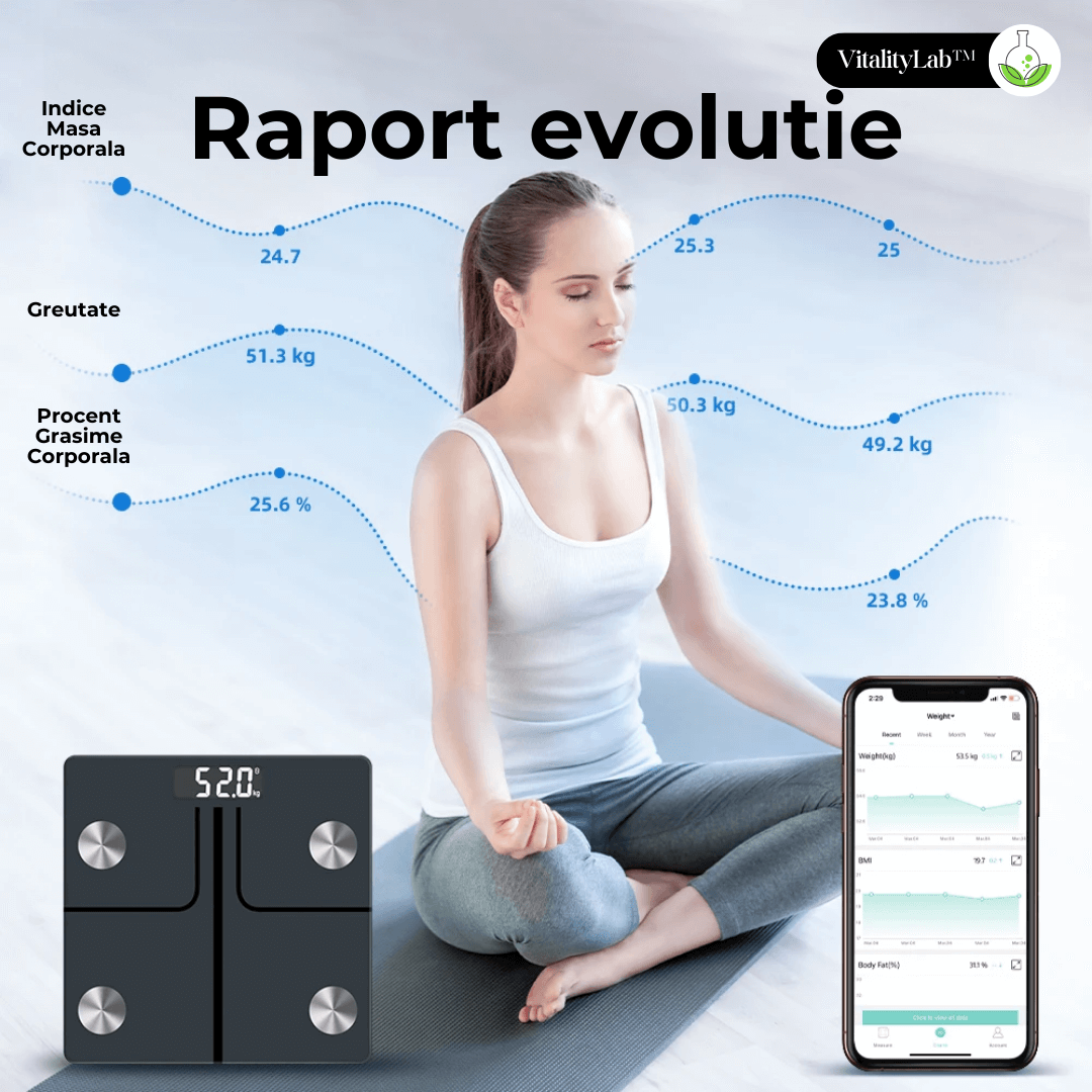 Cântar corporal inteligent Vitality Lab Smart, 14 indici corporali, 4 senzori analiză, calculator indice masă corporală, raport evoluție utilizator, număr de utilizatori nelimitat, integrare iOS/Android