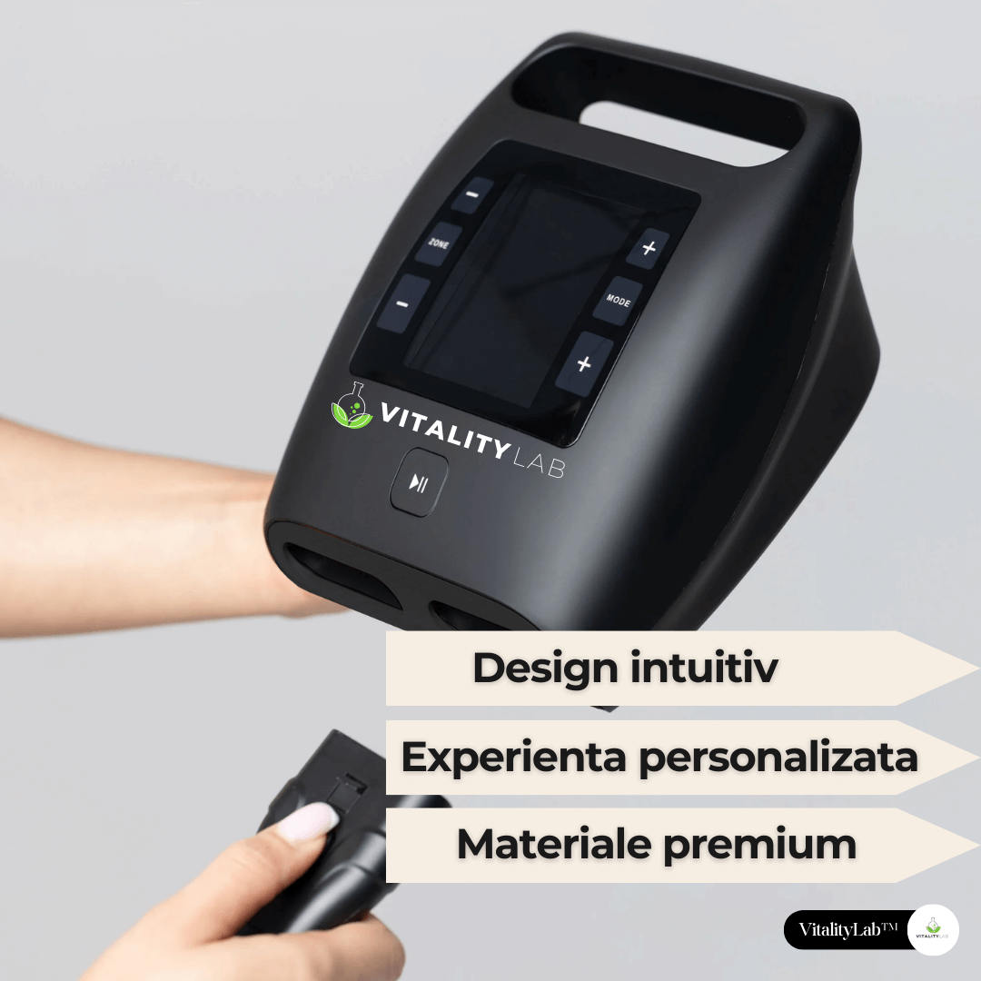 Aparat masaj brate wireless Arm Max Vitality Lab™, presiune mare, masaj terapeutic, drenaj limfatic, 2 mansoane cu 4 camere compresie aer fiecare, 12 niveluri intensitate masaj brate, masaj refacere musculara, masaj relaxare circulator brate