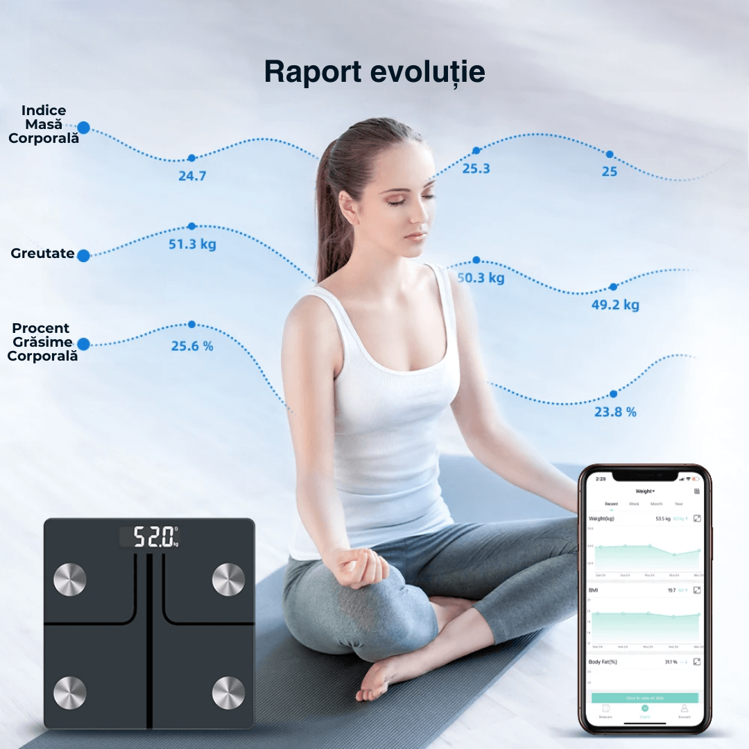 Cântar corporal inteligent Vitality Lab Smart, 14 indici corporali, 4 senzori analiză, calculator indice masă corporală, raport evoluție utilizator, număr de utilizatori nelimitat, integrare iOS/Android