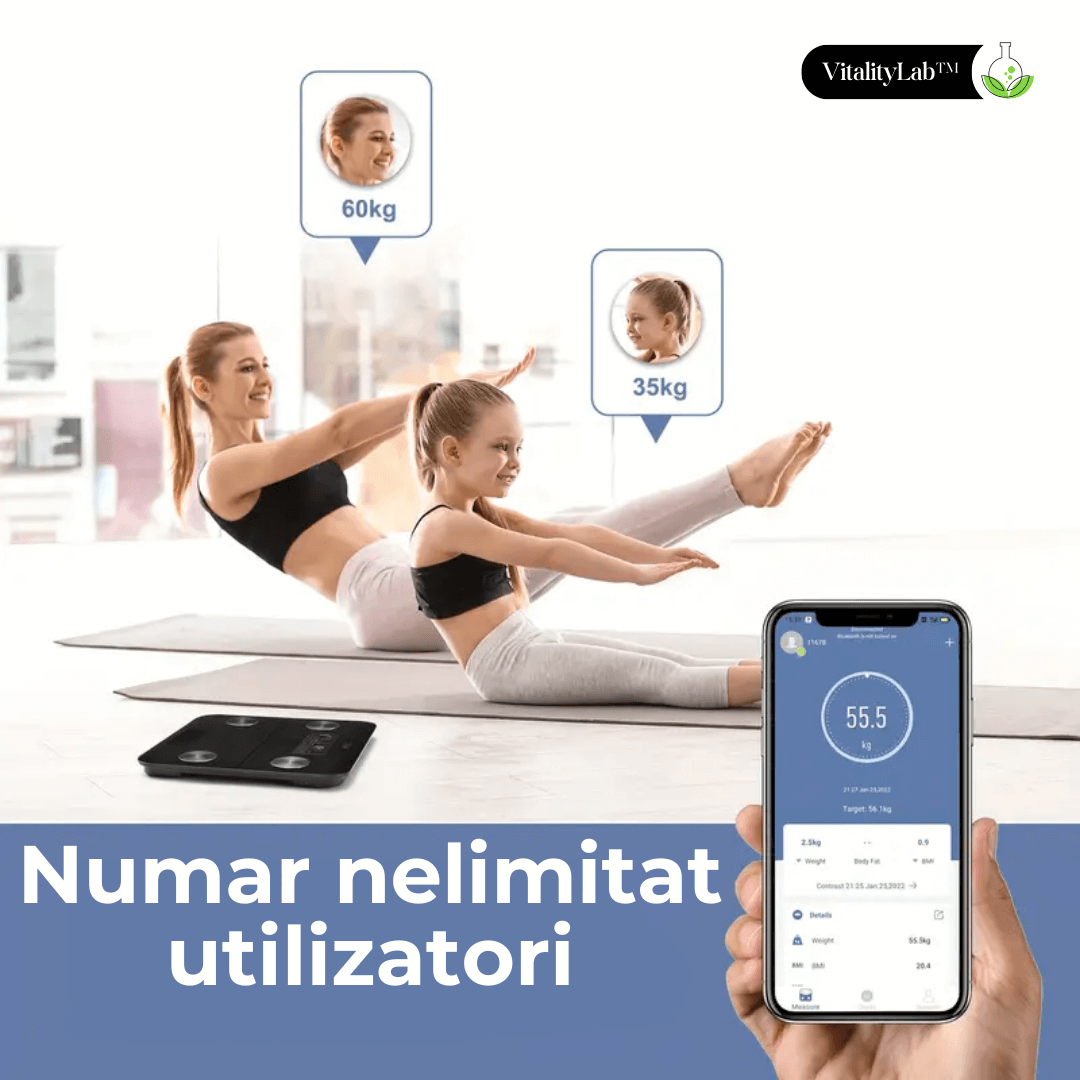 Cântar corporal inteligent Vitality Lab Smart, 14 indici corporali, 4 senzori analiză, calculator indice masă corporală, raport evoluție utilizator, număr de utilizatori nelimitat, integrare iOS/Android