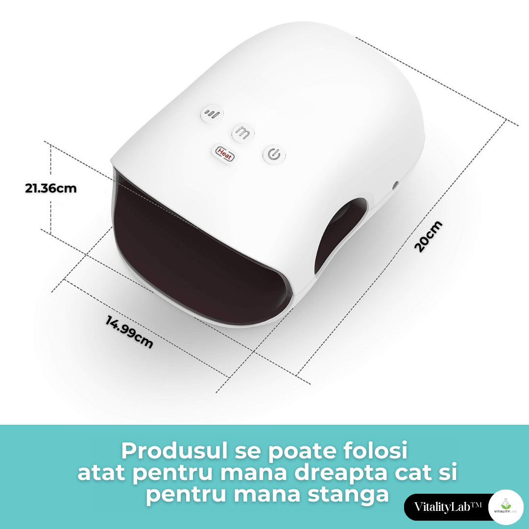 Aparat masaj maini Wireless Grip Vitality Lab, presopunctura si reflexoterapie maini, masaj terapeutic cu incalzire, 3 programe masaj, 3 niveluri intensitate masaj, artrita, dureri articulare, relaxare, artroza mainii