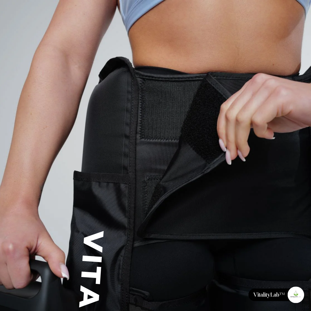 Aparat masaj solduri wireless Ultra Pulse Hip Max Vitality Lab™, presiune mare, masaj terapeutic, drenaj limfatic, 1 manson cu 4 camere compresie aer, 12 niveluri intensitate masaj coapse superioare, fesieri si solduri, masaj refacere musculara