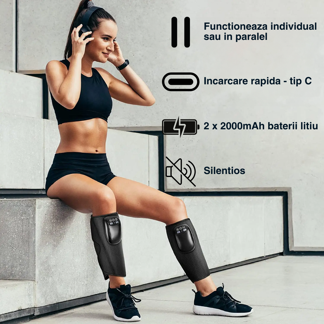 Aparat masaj picioare si maini wireless Easy Vitality Lab™, masaj terapeutic, drenaj limfatic, 3 programe masaj, 3 niveluri intensitate, masaj refacere musculara, relaxare, masaj circulator, dureri si inflamatie