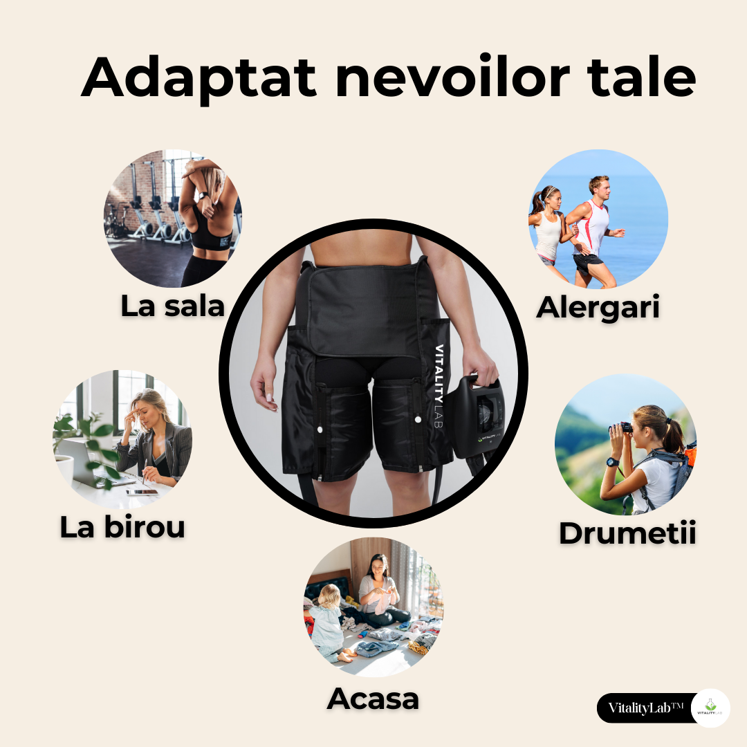 Aparat masaj solduri wireless Ultra Pulse Hip Max Vitality Lab™, presiune mare, masaj terapeutic, drenaj limfatic, 1 manson cu 4 camere compresie aer, 12 niveluri intensitate masaj coapse superioare, fesieri si solduri, masaj refacere musculara