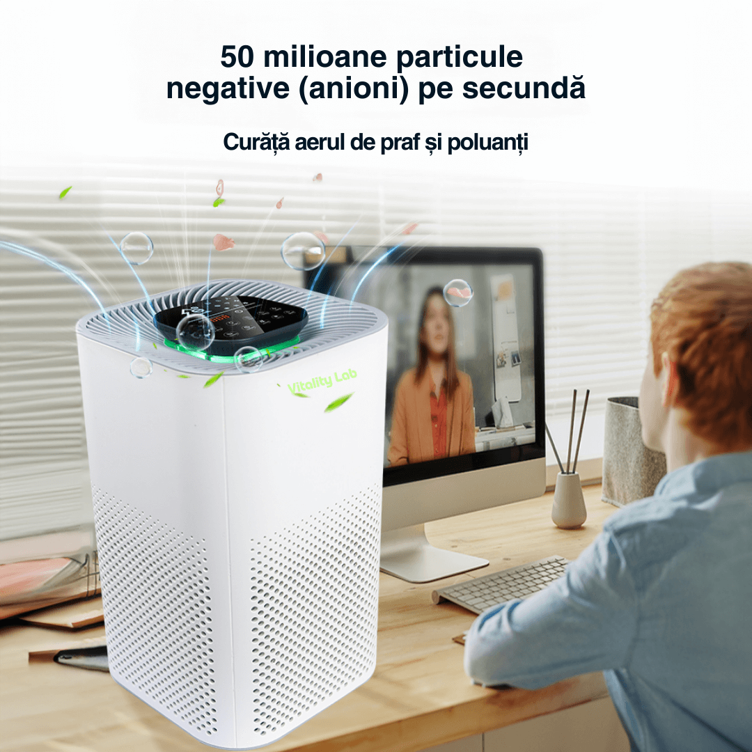 Purificator aer Vitality Lab Fresh Sense – 50 m², CADR 400, HEPA H13 + carbon, UV-C, senzori TVOC/miros, ionizare, WiFi iOS/Android