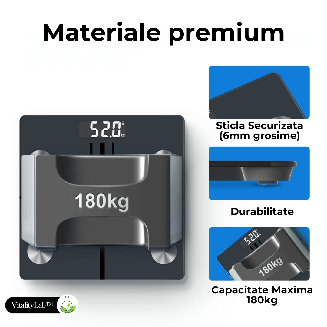 Cântar corporal inteligent Vitality Lab Smart, 14 indici corporali, 4 senzori analiză, calculator indice masă corporală, raport evoluție utilizator, număr de utilizatori nelimitat, integrare iOS/Android