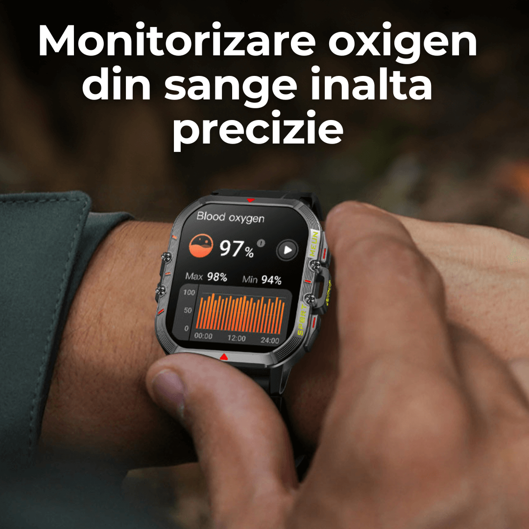 Ceas smartwatch TehnoLab™ Monolit – full touchscreen, 120+ sporturi, somn, stres, puls, tensiune, oxigen, apeluri Bluetooth, IP68, 20 zile