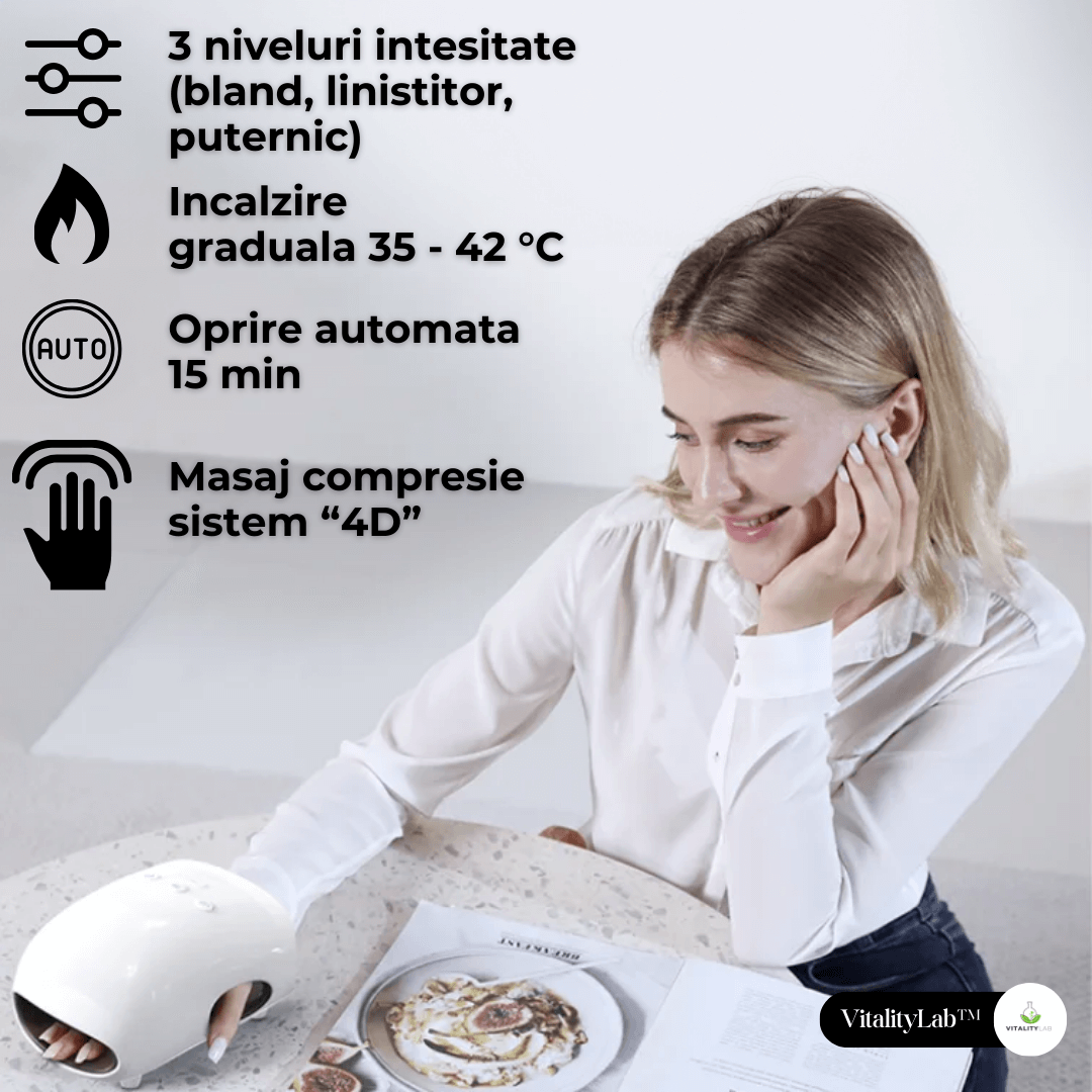 Aparat masaj maini Wireless Grip Vitality Lab, presopunctura si reflexoterapie maini, masaj terapeutic cu incalzire, 3 programe masaj, 3 niveluri intensitate masaj, artrita, dureri articulare, relaxare, artroza mainii