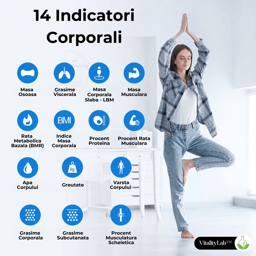 Cântar corporal inteligent Vitality Lab Smart, 14 indici corporali, 4 senzori analiză, calculator indice masă corporală, raport evoluție utilizator, număr de utilizatori nelimitat, integrare iOS/Android
