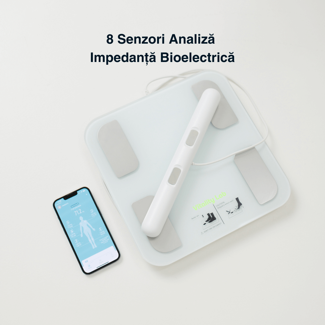Cântar corporal inteligent Vitality Lab Professional, 18 indici corporali, 8 senzori analiză, calculator indice masă corporală, raport evoluție utilizator, număr de utilizatori nelimitat, integrare iOS/Android