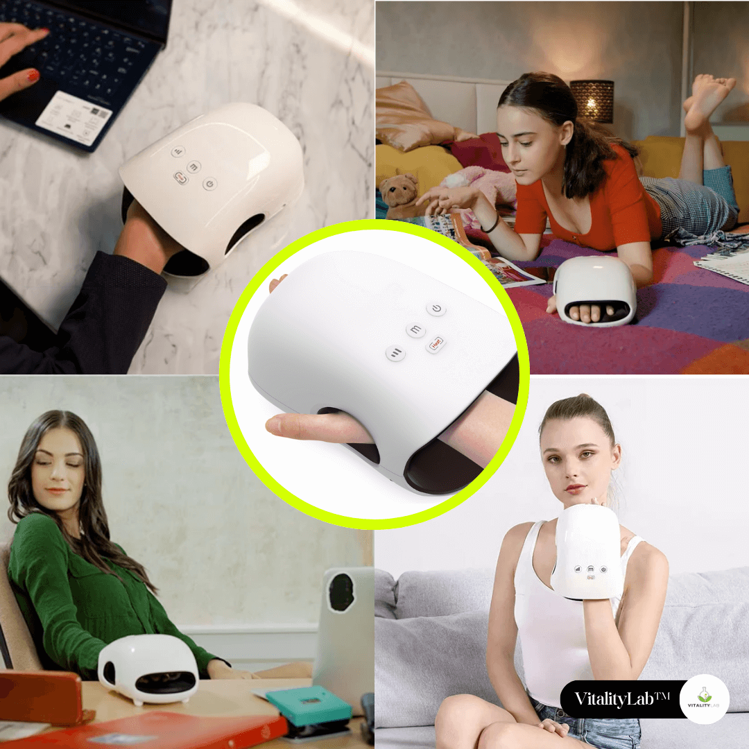 Aparat masaj maini Wireless Grip Vitality Lab, presopunctura si reflexoterapie maini, masaj terapeutic cu incalzire, 3 programe masaj, 3 niveluri intensitate masaj, artrita, dureri articulare, relaxare, artroza mainii