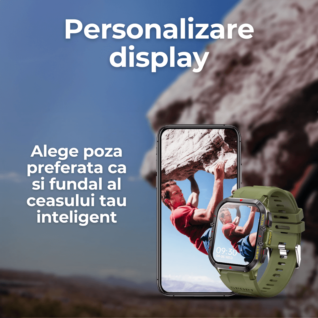Ceas smartwatch TehnoLab™ Monolit – full touchscreen, 120+ sporturi, somn, stres, puls, tensiune, oxigen, apeluri Bluetooth, IP68, 20 zile