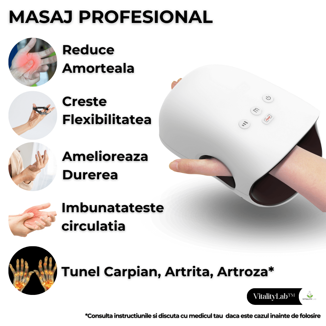 Aparat masaj maini Wireless Grip Vitality Lab, presopunctura si reflexoterapie maini, masaj terapeutic cu incalzire, 3 programe masaj, 3 niveluri intensitate masaj, artrita, dureri articulare, relaxare, artroza mainii