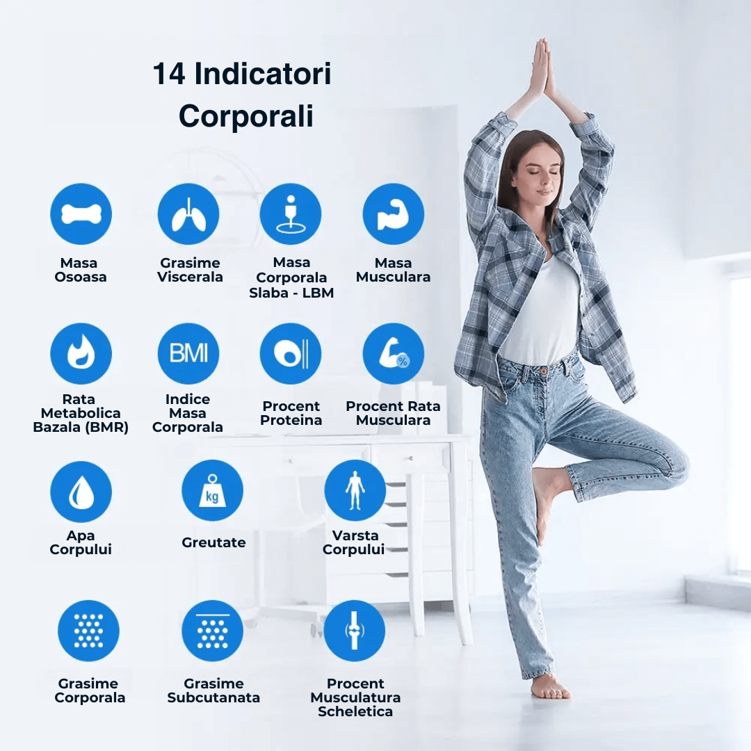 Cântar corporal inteligent Vitality Lab Smart, 14 indici corporali, 4 senzori analiză, calculator indice masă corporală, raport evoluție utilizator, număr de utilizatori nelimitat, integrare iOS/Android