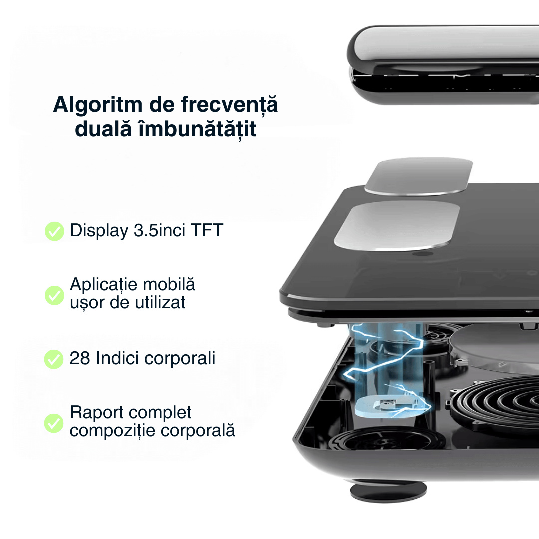 Cântar corporal inteligent Vitality Lab Pro Scan, 28 indicatori corporali, 8 senzori analiză impedanță bioelectrică, raport compoziție corporală, recunoaștere automată utilizator, display multifuncțional, integrare iOS/Android