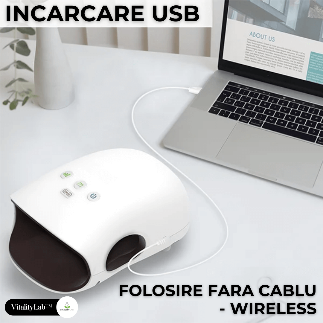 Aparat masaj maini Wireless Grip Vitality Lab, presopunctura si reflexoterapie maini, masaj terapeutic cu incalzire, 3 programe masaj, 3 niveluri intensitate masaj, artrita, dureri articulare, relaxare, artroza mainii