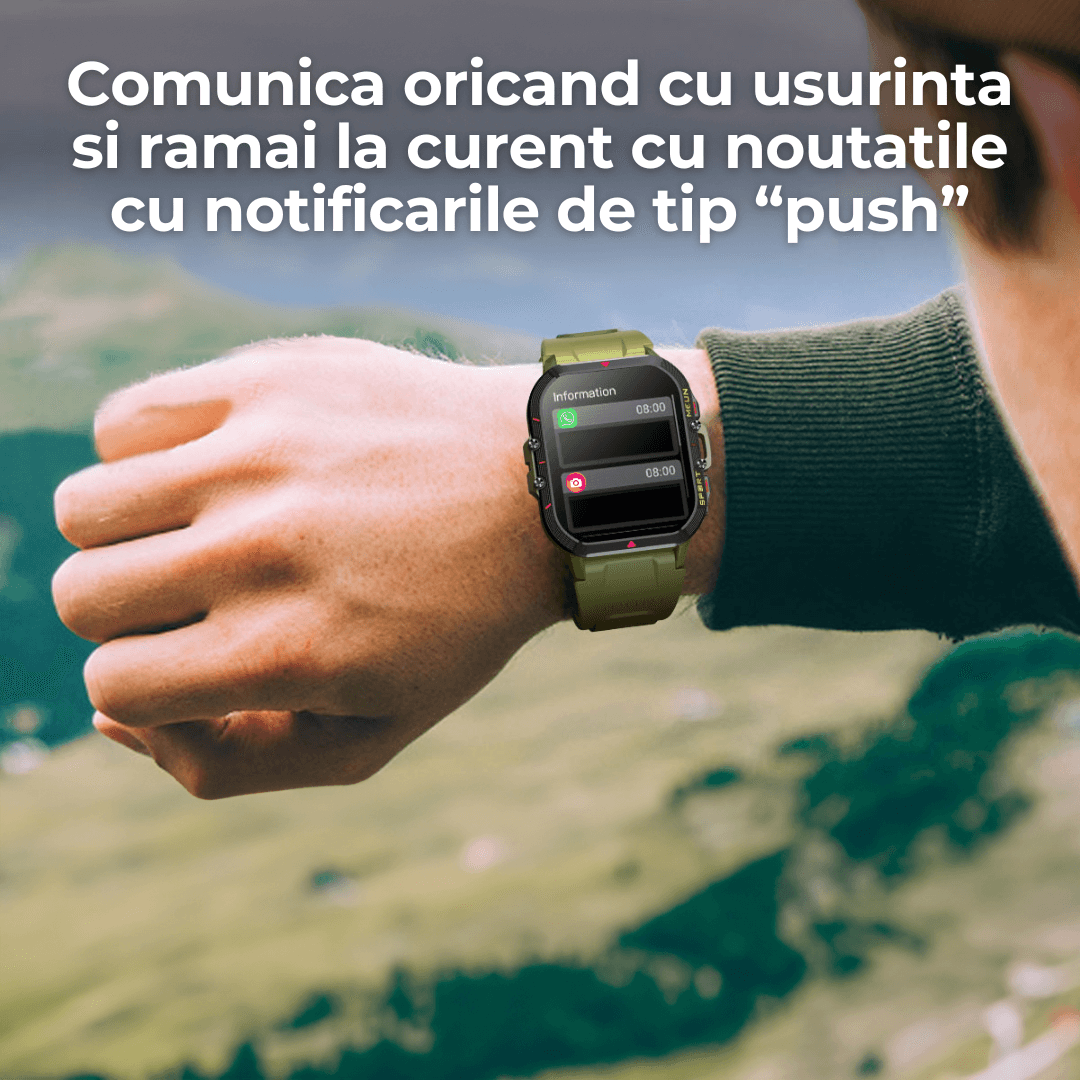 Ceas smartwatch TehnoLab™ Monolit – full touchscreen, 120+ sporturi, somn, stres, puls, tensiune, oxigen, apeluri Bluetooth, IP68, 20 zile