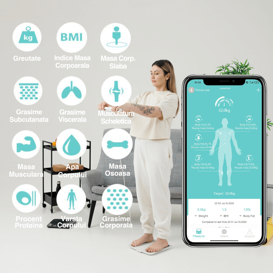 Cântar corporal inteligent Vitality Lab Professional, 18 indici corporali, 8 senzori analiză, calculator indice masă corporală, raport evoluție utilizator, număr de utilizatori nelimitat, integrare iOS/Android