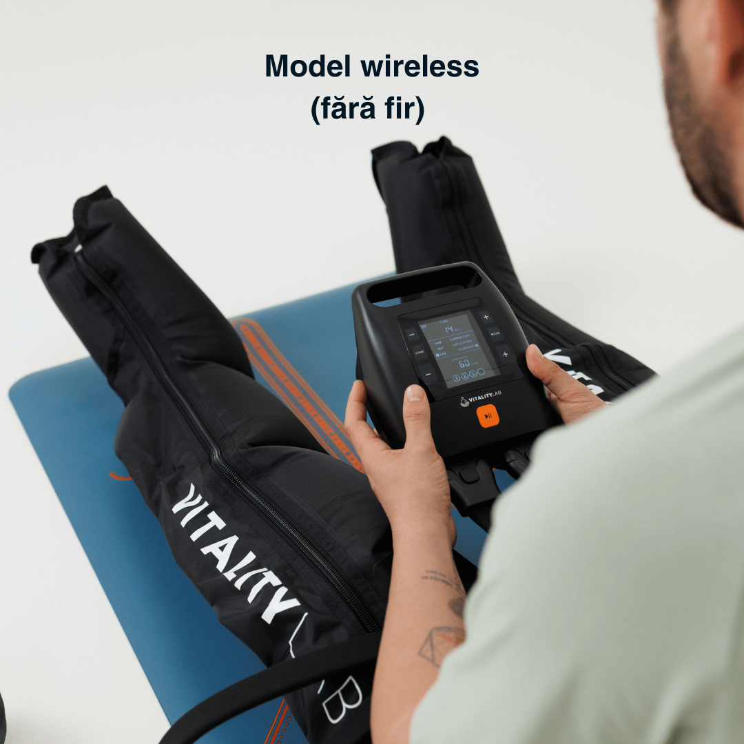 Aparat masaj picioare wireless Ultra Pulse Leg Max Vitality Lab, masaj presiune mare, masaj terapeutic, drenaj limfatic, 8 camere compresie aer, 12 niveluri intensitate masaj picioare, gambe și coapse, refacere musculară, relaxare circulator picioare