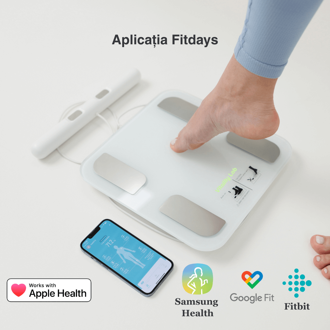 Cântar corporal inteligent Vitality Lab Professional, 18 indici corporali, 8 senzori analiză, calculator indice masă corporală, raport evoluție utilizator, număr de utilizatori nelimitat, integrare iOS/Android