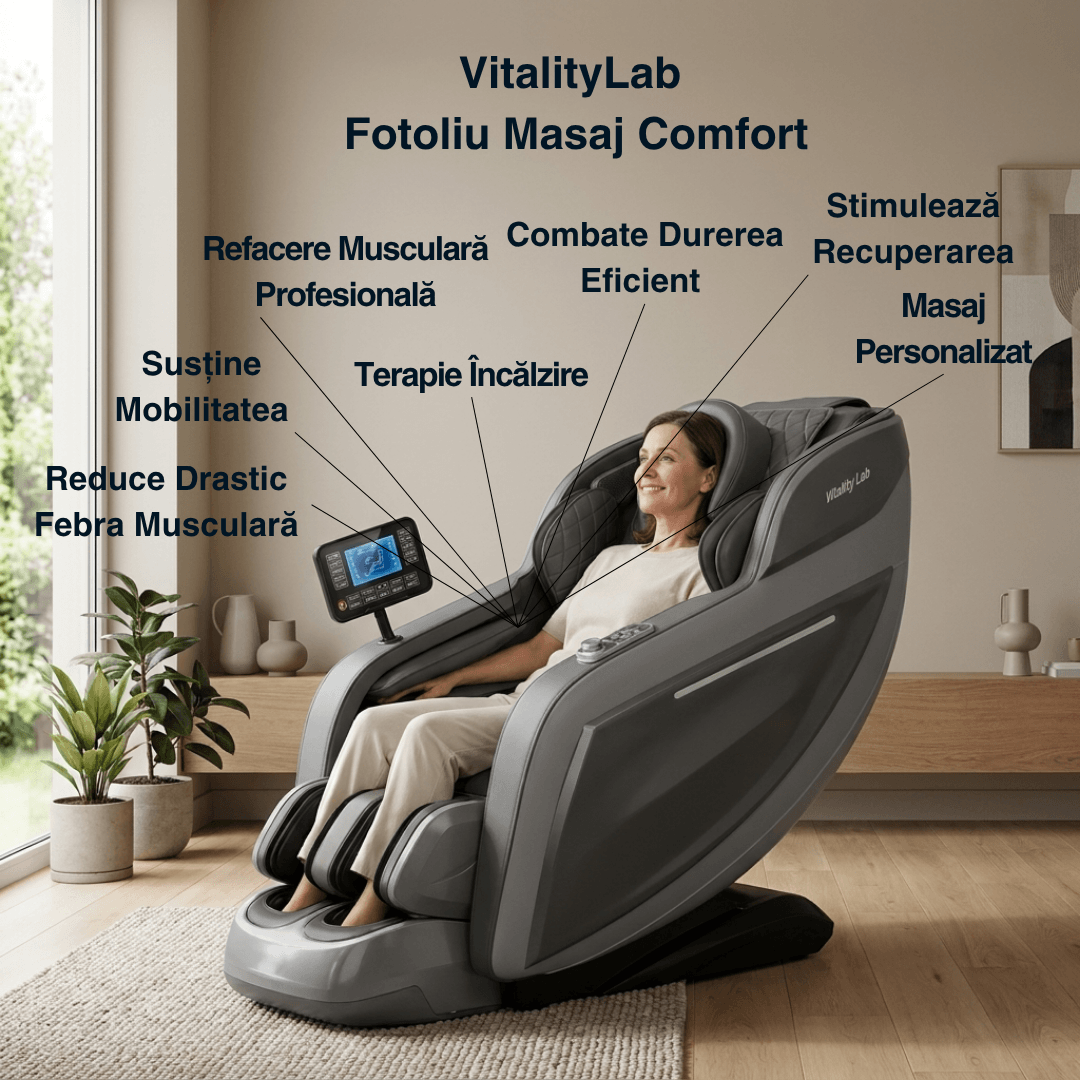 Fotoliu masaj Comfort Vitality Lab, scaun masaj 3D, sina SL long 150 cm, 20 programe automate, 6 tehnici manuale, masaj terapeutic, reflexoterapie, incalzire, drenaj limfatic, Zero Gravity, Health Monitor, Bluetooth