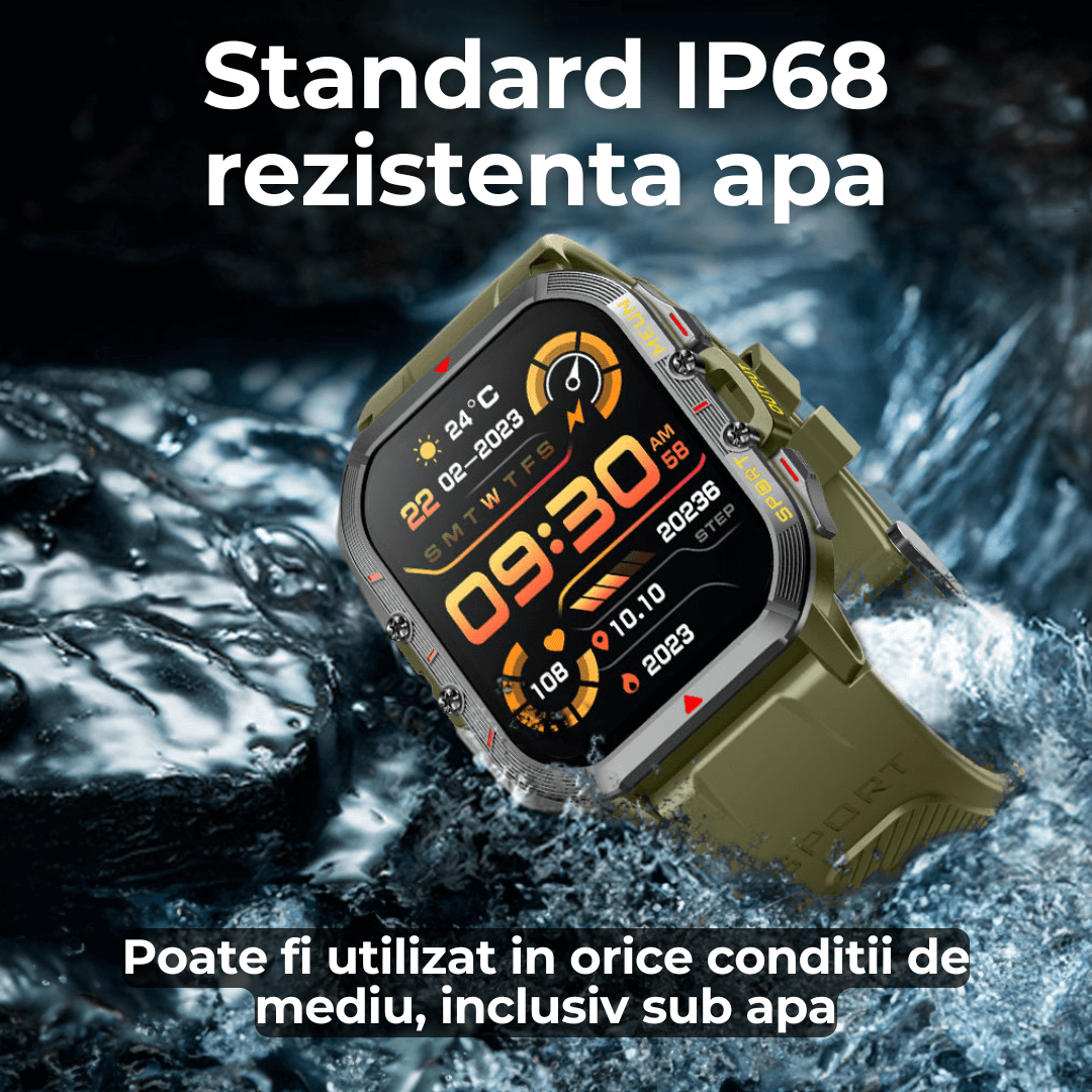 Ceas smartwatch TehnoLab™ Monolit – full touchscreen, 120+ sporturi, somn, stres, puls, tensiune, oxigen, apeluri Bluetooth, IP68, 20 zile