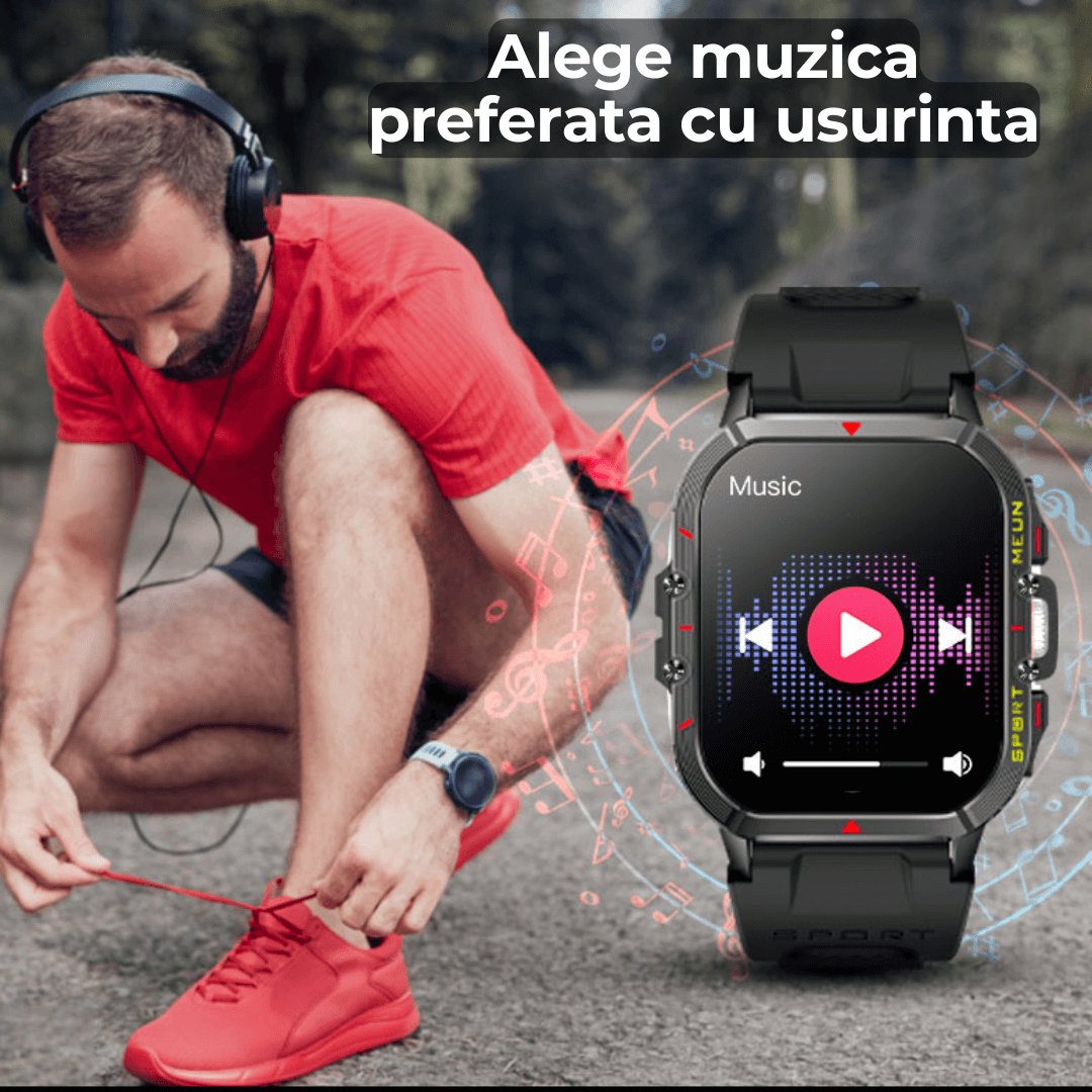 Ceas smartwatch TehnoLab™ Monolit – full touchscreen, 120+ sporturi, somn, stres, puls, tensiune, oxigen, apeluri Bluetooth, IP68, 20 zile