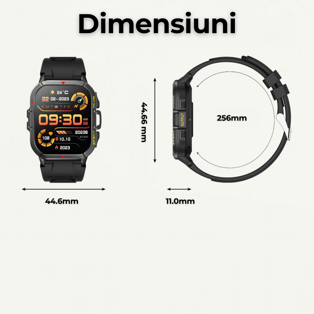 Ceas smartwatch TehnoLab™ Monolit – full touchscreen, 120+ sporturi, somn, stres, puls, tensiune, oxigen, apeluri Bluetooth, IP68, 20 zile