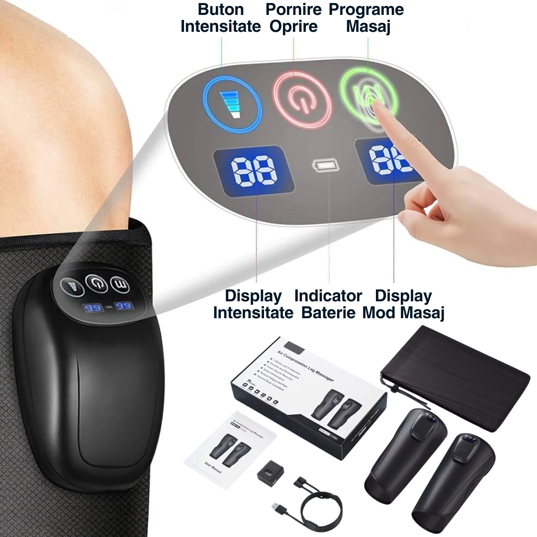 Aparat masaj picioare si maini wireless Easy Vitality Lab™, masaj terapeutic, drenaj limfatic, 3 programe masaj, 3 niveluri intensitate, masaj refacere musculara, relaxare, masaj circulator, dureri si inflamatie