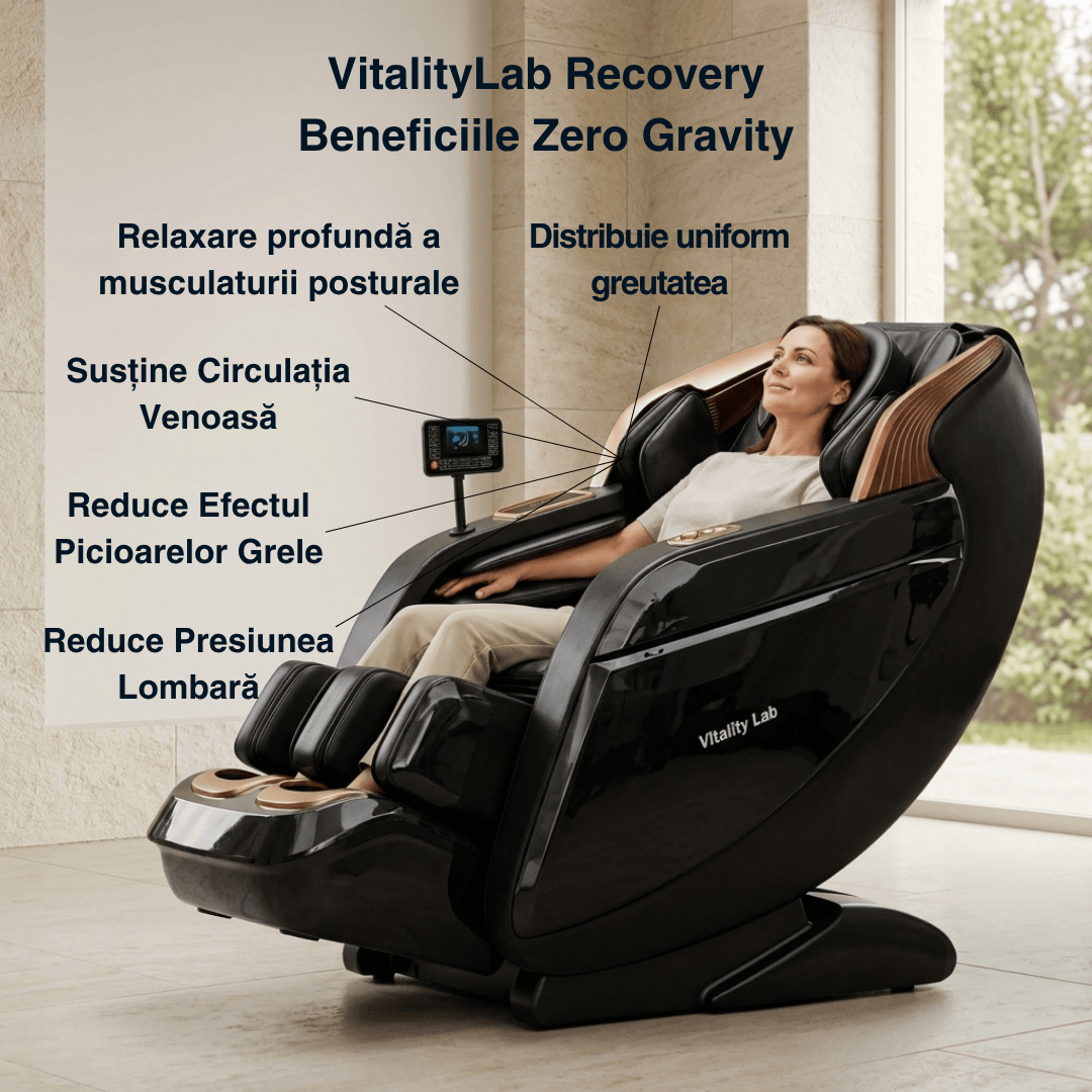 Fotoliu masaj Recovery Vitality Lab, scaun masaj 3D, sina SL 167 cm, 20 programe automate, 6 tehnici manuale, 22 camere de aer, role din jad, masaj terapeutic, reflexoterapie, incalzire, drenaj limfatic, ioni negativi, Zero Gravity, Bluetooth, max. 140 kg