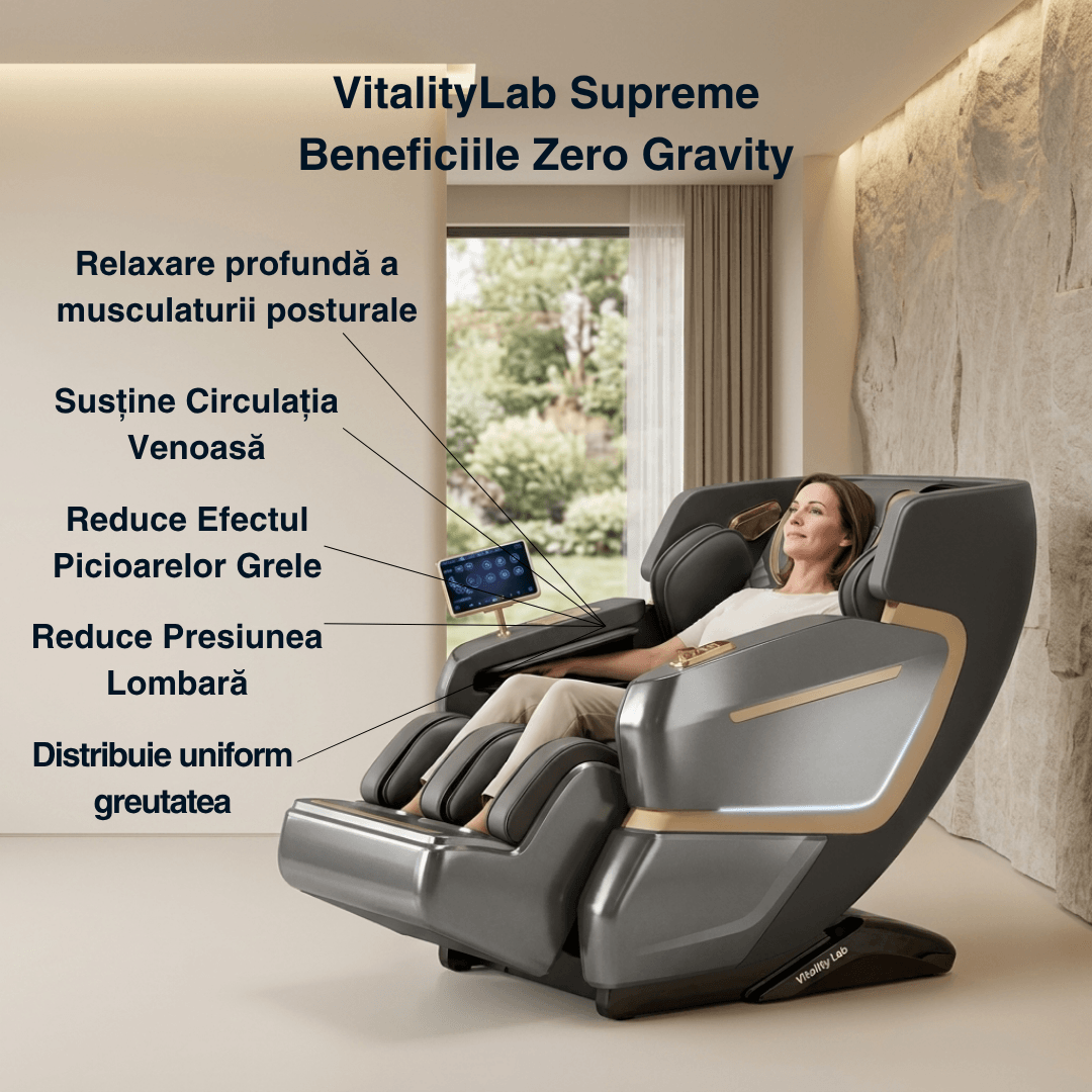 Fotoliu masaj Supreme Vitality Lab, scaun masaj 3D+, sina SL 135 cm, 20 programe automate, 20 tehnici manuale, 3 pozitii Zero Gravity, masaj terapeutic, reflexoterapie, incalzire, drenaj limfatic, ioni negativi, Health Monitor, Bluetooth