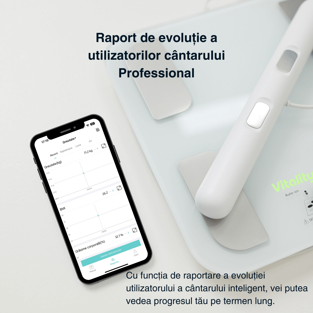 Cântar corporal inteligent Vitality Lab Professional, 18 indici corporali, 8 senzori analiză, calculator indice masă corporală, raport evoluție utilizator, număr de utilizatori nelimitat, integrare iOS/Android