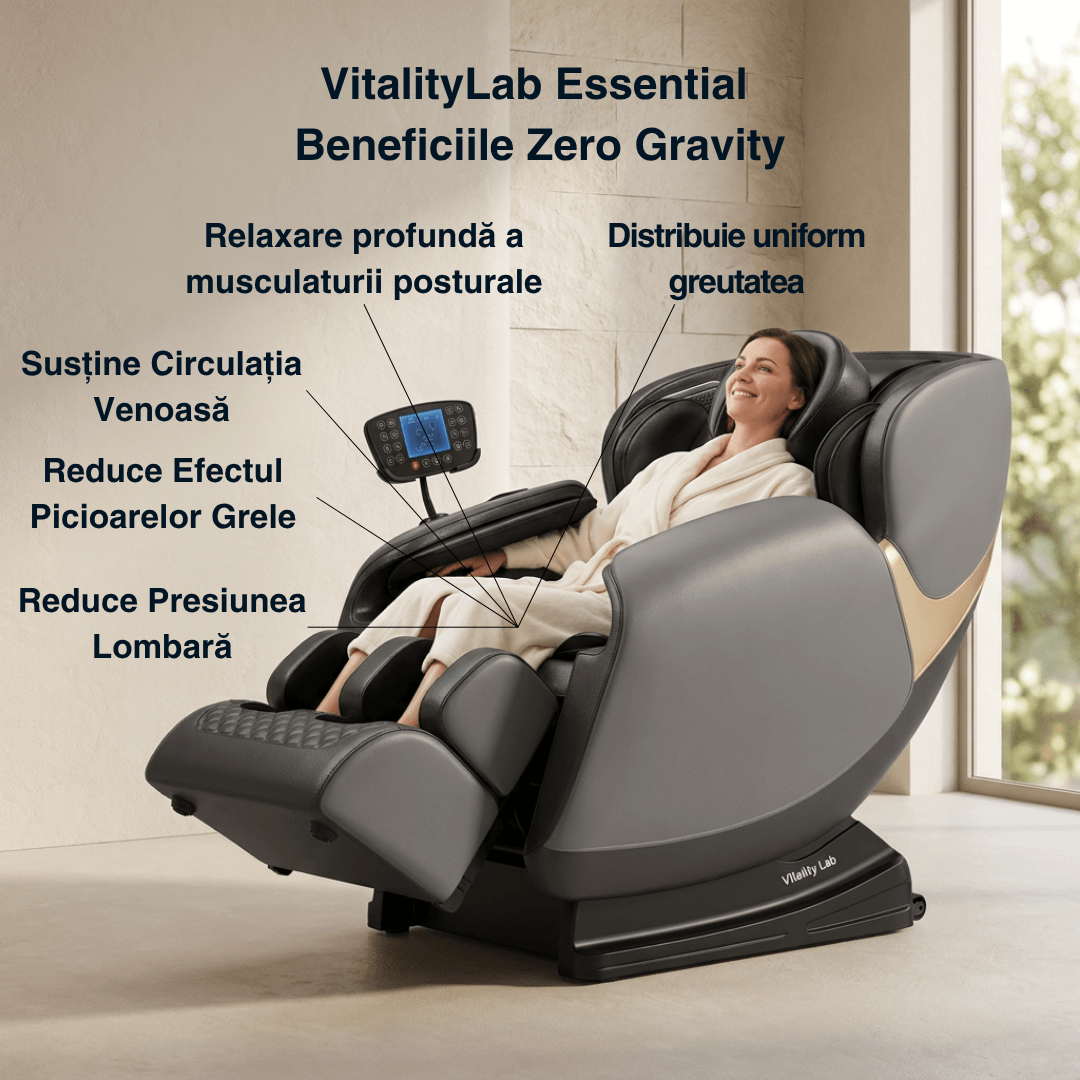 Fotoliu masaj Essential Vitality Lab, scaun masaj 2D, 20 programe automate, 2 tehnici masaj, 48 role, masaj terapeutic, reflexoterapie, incalzire, drenaj limfatic, Zero Gravity, Bluetooth