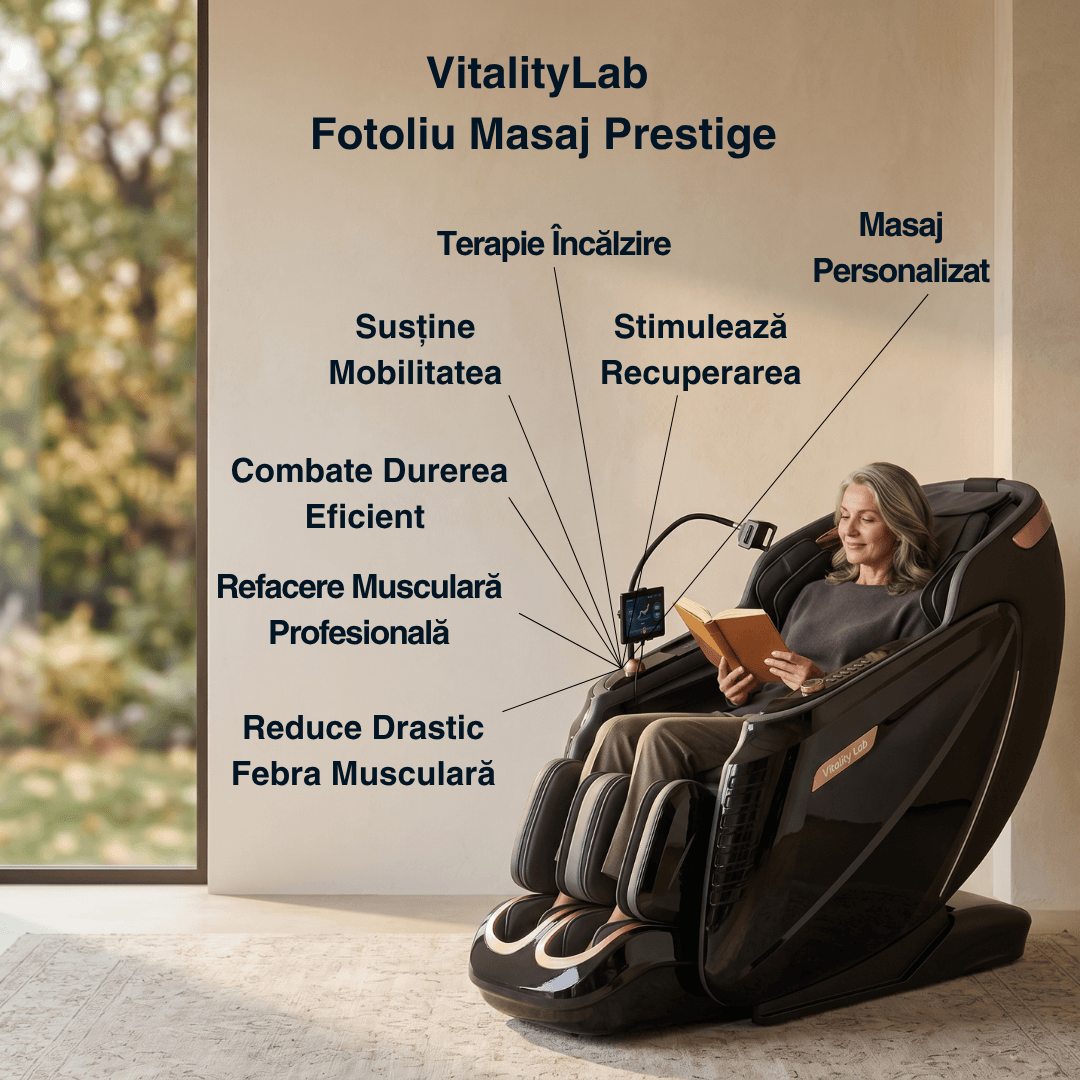 Fotoliu masaj Prestige Vitality Lab, scaun masaj 3D, robot inteligent dublu 4+6 role, sina SL 135 cm, 24 programe automate, 8 tehnici manuale, masaj terapeutic, reflexoterapie, incalzire, drenaj limfatic, Zero Gravity, Health Monitor, Bluetooth