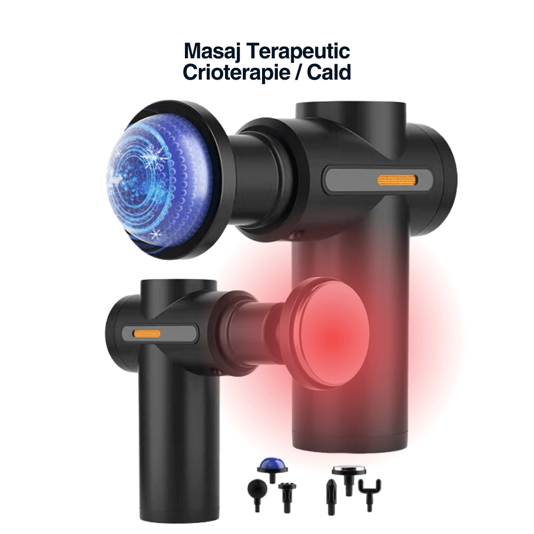 Aparat masaj Vitality Lab ThermoFlex tip pistol masaj, masaj terapeutic cald, masaj cu crioterapie, 2800-3800 percutii/minut, 6 capete masaj recuperare, 6 trepte viteză, motor silențios