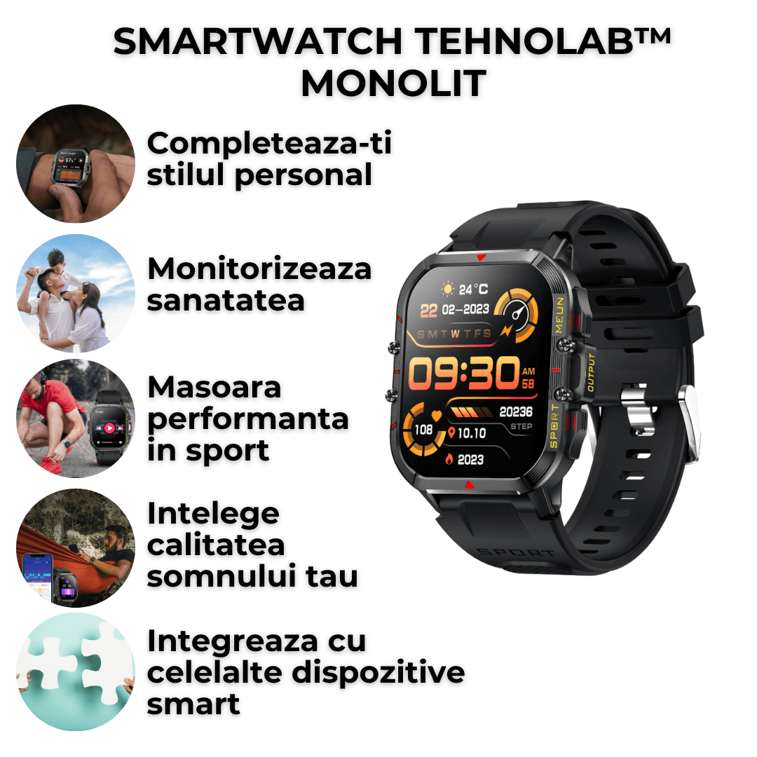 Ceas smartwatch TehnoLab™ Monolit – full touchscreen, 120+ sporturi, somn, stres, puls, tensiune, oxigen, apeluri Bluetooth, IP68, 20 zile
