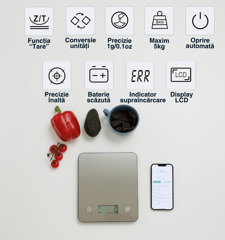 Cântar bucătărie inteligent Vitality Lab™ Nutri Steel – 24 indici nutriționali, calorii, aplicație iOS/Android, inox, Apple Health, Fitbit
