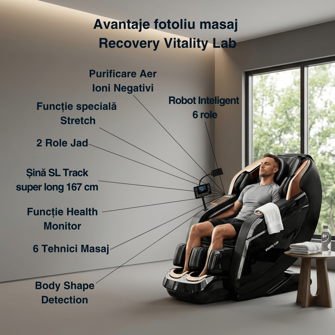 Fotoliu masaj Recovery Vitality Lab, scaun masaj 3D, sina SL 167 cm, 20 programe automate, 6 tehnici manuale, 22 camere de aer, role din jad, masaj terapeutic, reflexoterapie, incalzire, drenaj limfatic, ioni negativi, Zero Gravity, Bluetooth, max. 140 kg