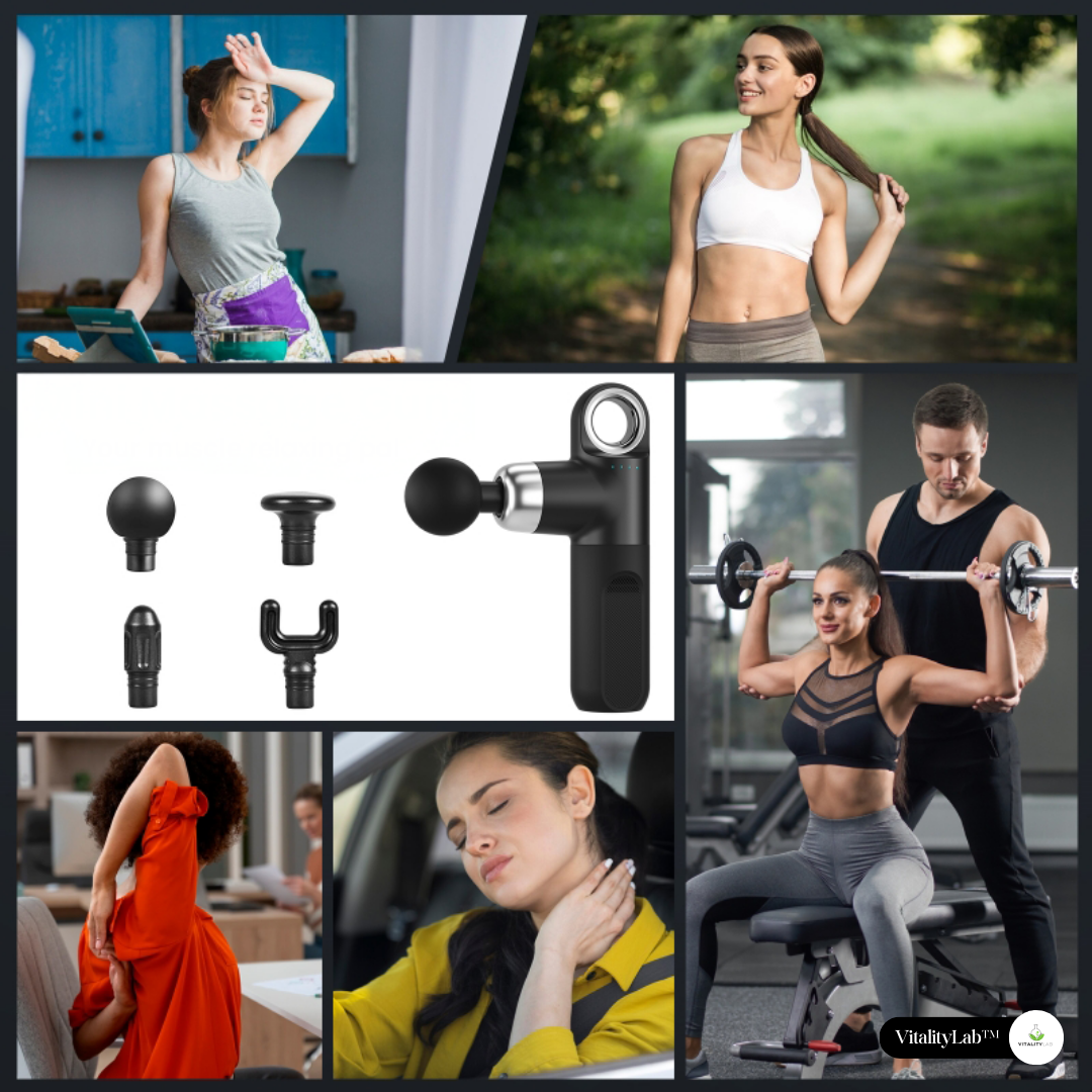 Aparat masaj Vitality Lab™ ImpactX tip pistol masaj, masaj terapeutic, 1600-3200 percutii/minut, 4000 mAh, 4 capete masaj recuperare, 4 trepte viteza, 4-6 ore de utilizare, motor silentios