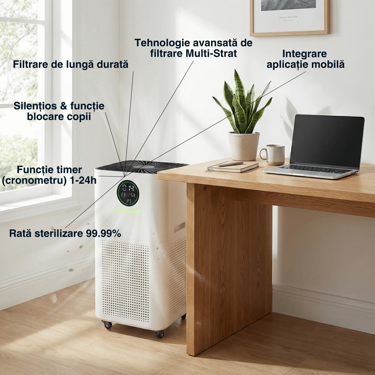 Purificator aer Vitality Lab Vortex, 120 m², CADR 800 m³ h, senzor PM2.5, sterilizare duală UV-C + O3, filtrare HEPA și TVOC carbon activ, ionizare 100 milioane ioni/secundă, senzor umiditate și temperatură, control inteligent smart WiFi iOS/Android
