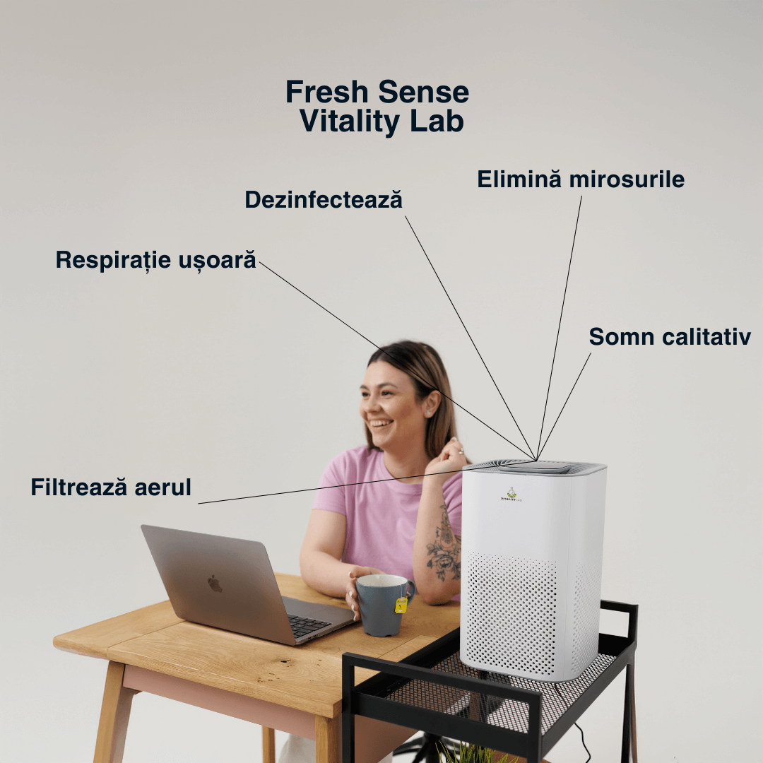 Purificator aer Vitality Lab Fresh Sense – 50 m², CADR 400, HEPA H13 + carbon, UV-C, senzori TVOC/miros, ionizare, WiFi iOS/Android
