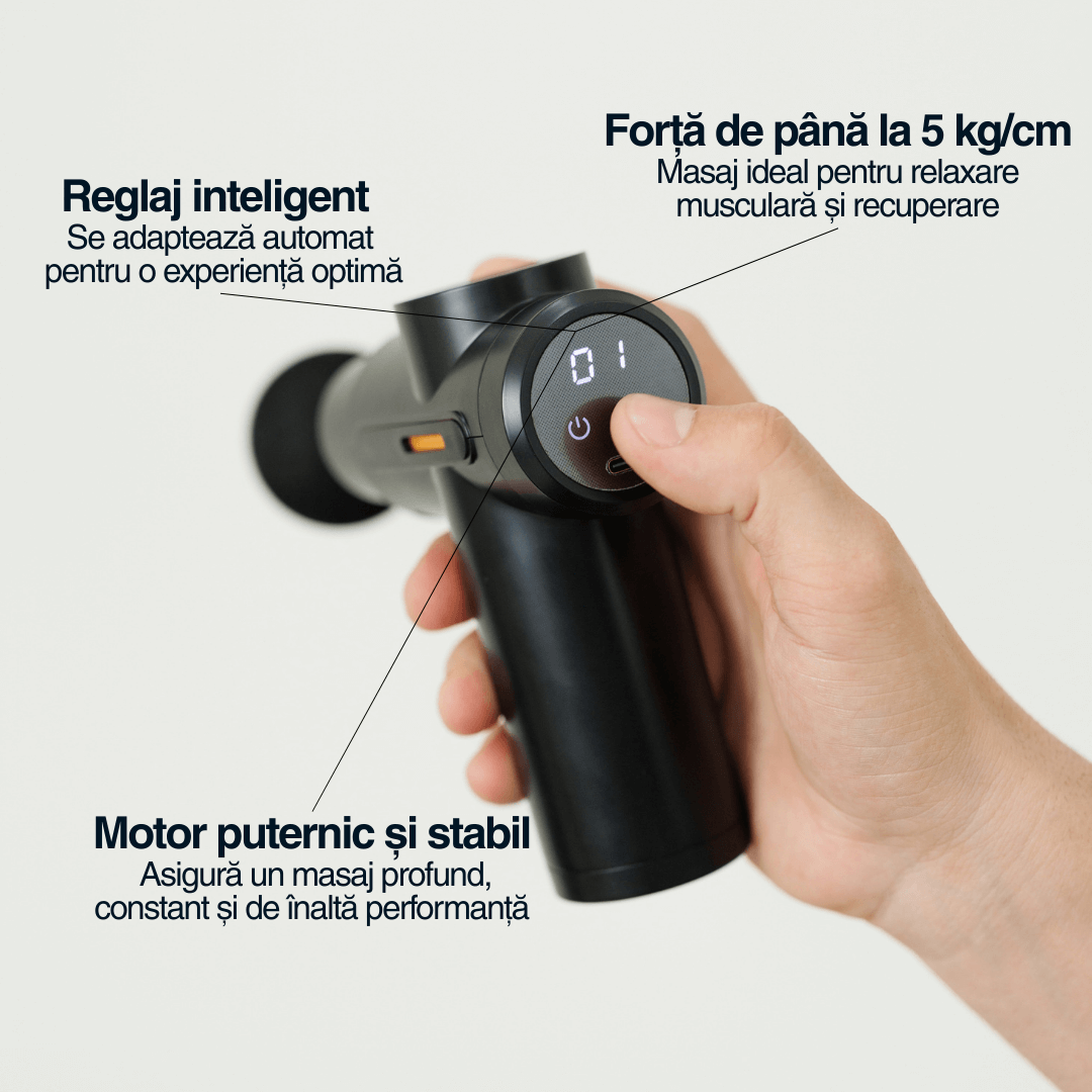 Aparat masaj Vitality Lab ThermoFlex tip pistol masaj, masaj terapeutic cald, masaj cu crioterapie, 2800-3800 percutii/minut, 6 capete masaj recuperare, 6 trepte viteză, motor silențios