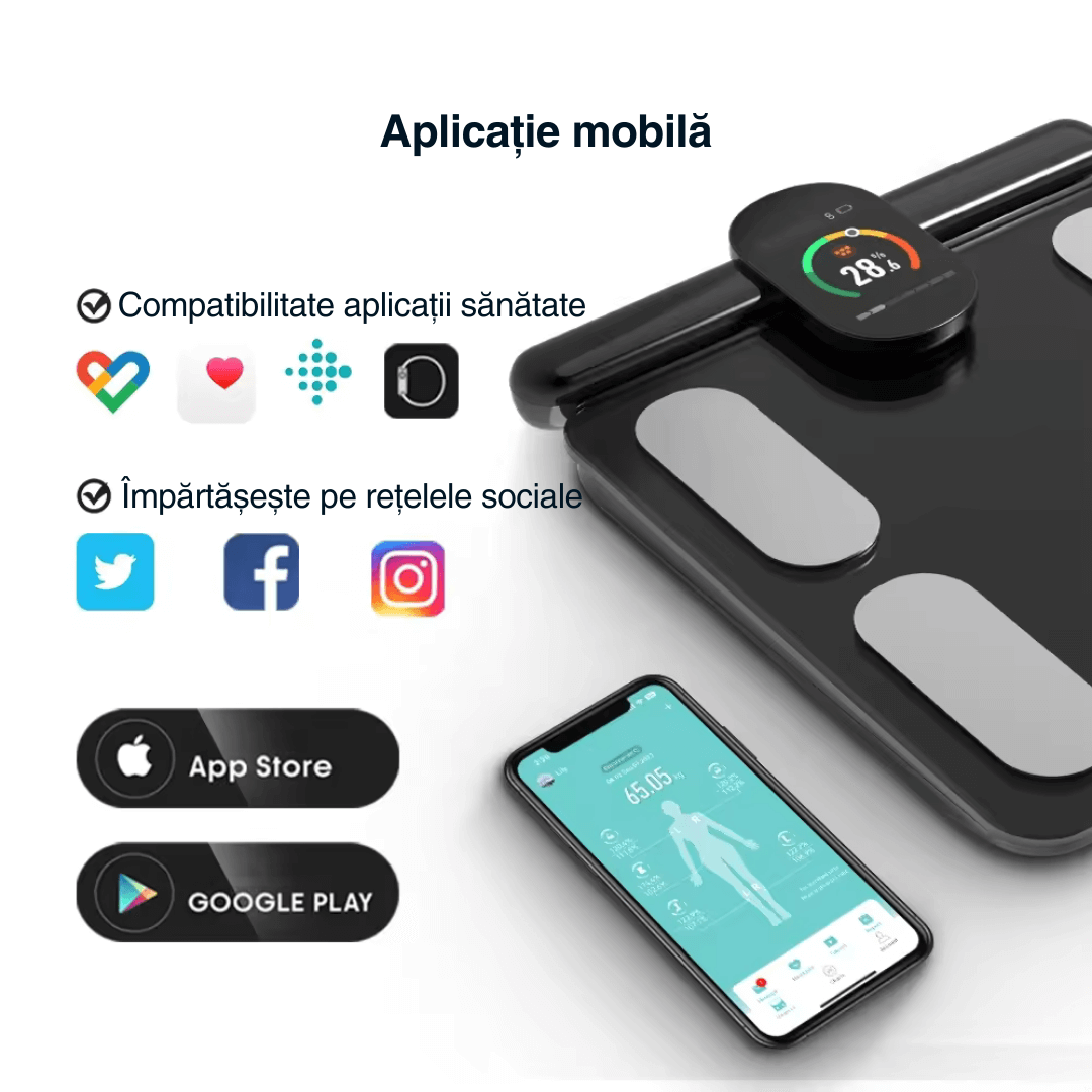 Cântar corporal inteligent Vitality Lab Pro Scan, 28 indicatori corporali, 8 senzori analiză impedanță bioelectrică, raport compoziție corporală, recunoaștere automată utilizator, display multifuncțional, integrare iOS/Android