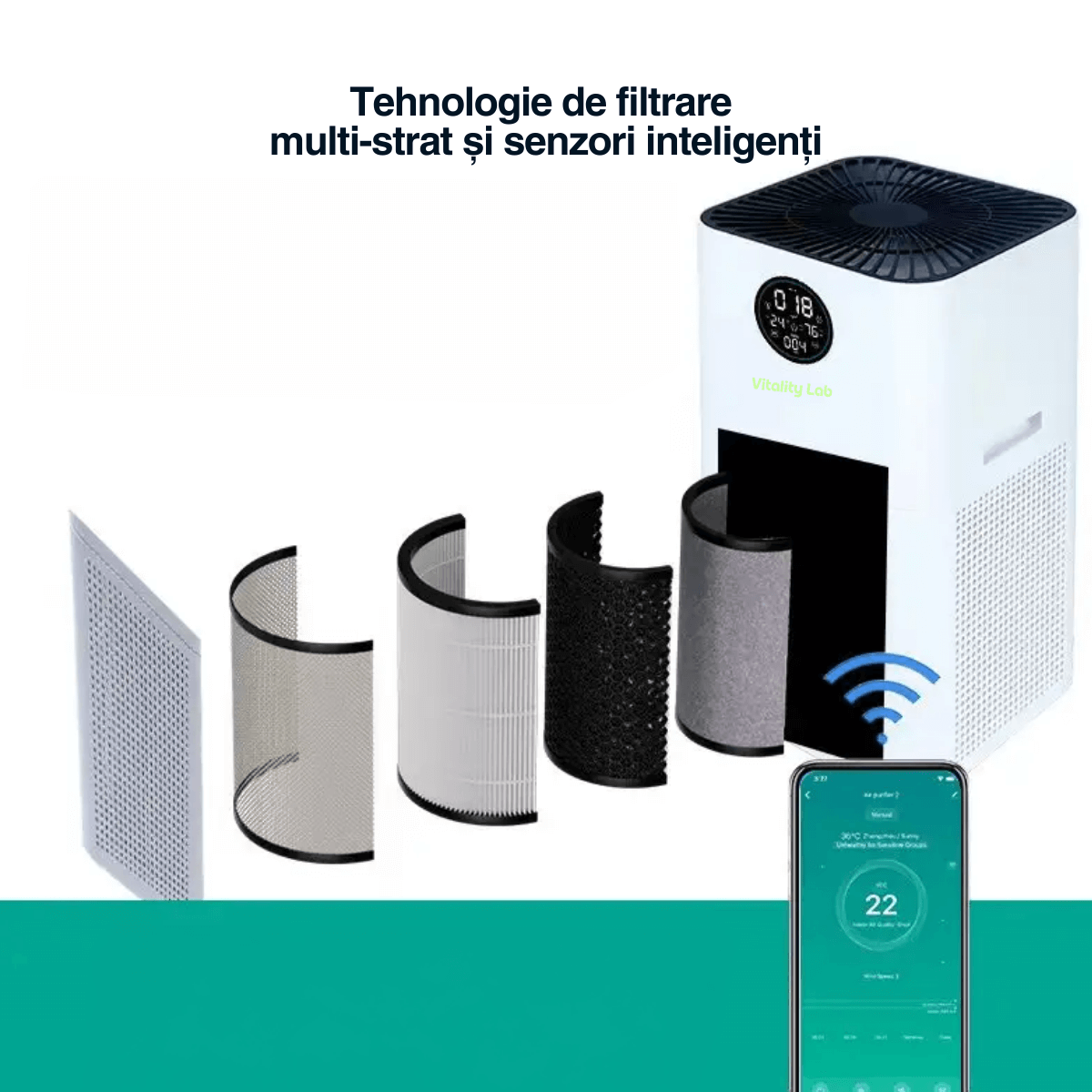 Purificator aer Vitality Lab Vortex, 120 m², CADR 800 m³ h, senzor PM2.5, sterilizare duală UV-C + O3, filtrare HEPA și TVOC carbon activ, ionizare 100 milioane ioni/secundă, senzor umiditate și temperatură, control inteligent smart WiFi iOS/Android