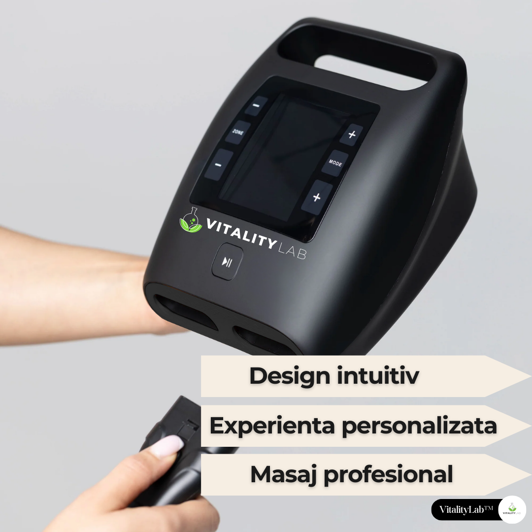 Aparat masaj solduri wireless Ultra Pulse Hip Max Vitality Lab™, presiune mare, masaj terapeutic, drenaj limfatic, 1 manson cu 4 camere compresie aer, 12 niveluri intensitate masaj coapse superioare, fesieri si solduri, masaj refacere musculara