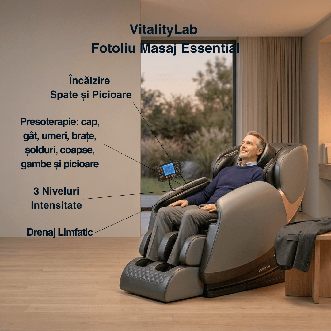 Fotoliu masaj Essential Vitality Lab, scaun masaj 2D, 20 programe automate, 2 tehnici masaj, 48 role, masaj terapeutic, reflexoterapie, incalzire, drenaj limfatic, Zero Gravity, Bluetooth