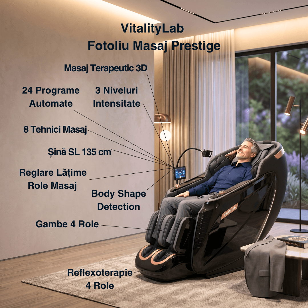 Fotoliu masaj Prestige Vitality Lab, scaun masaj 3D, robot inteligent dublu 4+6 role, sina SL 135 cm, 24 programe automate, 8 tehnici manuale, masaj terapeutic, reflexoterapie, incalzire, drenaj limfatic, Zero Gravity, Health Monitor, Bluetooth
