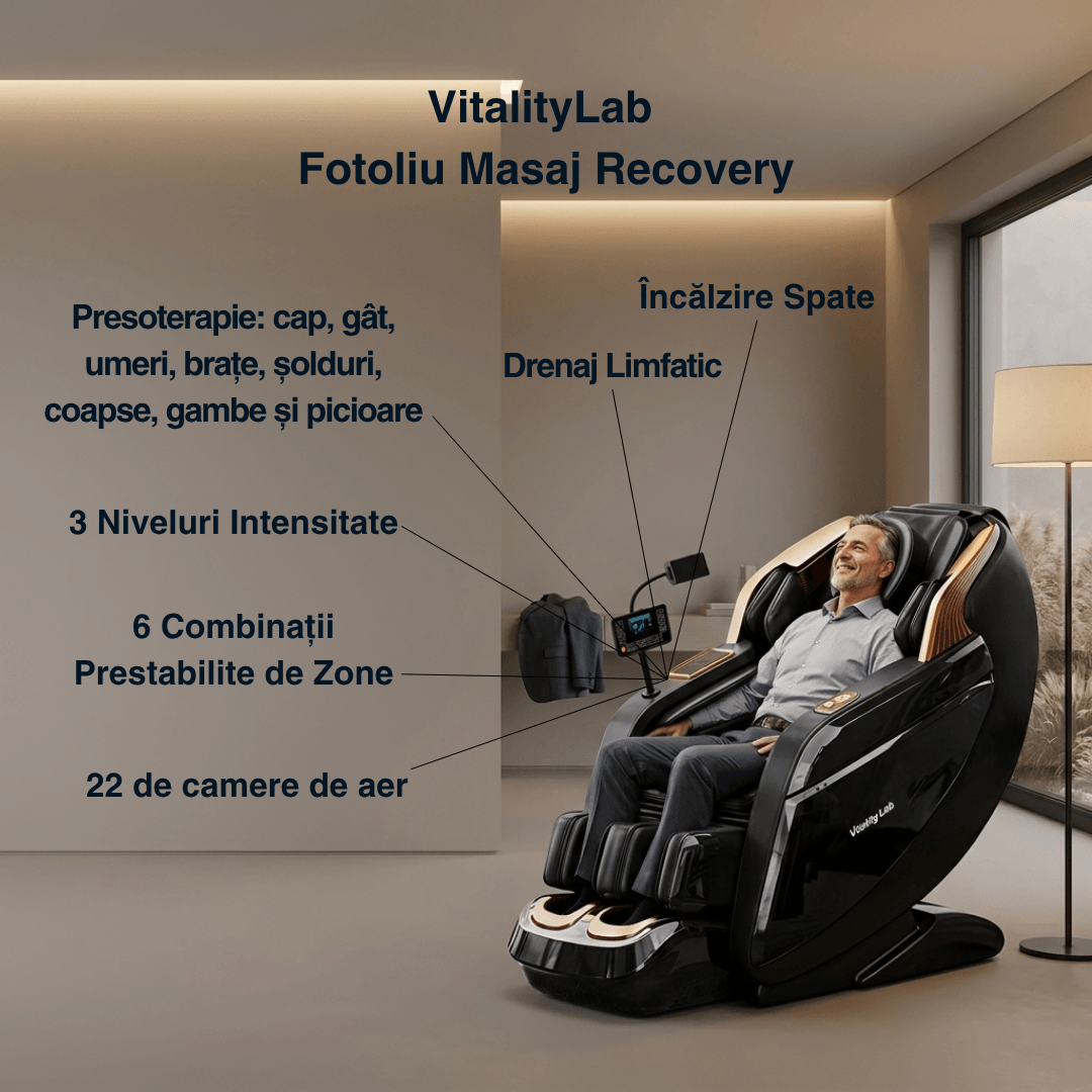 Fotoliu masaj Recovery Vitality Lab, scaun masaj 3D, sina SL 167 cm, 20 programe automate, 6 tehnici manuale, 22 camere de aer, role din jad, masaj terapeutic, reflexoterapie, incalzire, drenaj limfatic, ioni negativi, Zero Gravity, Bluetooth, max. 140 kg