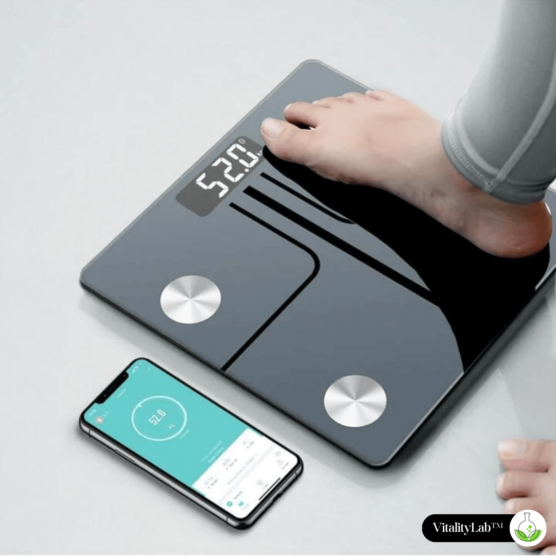 Cântar corporal inteligent Vitality Lab Smart, 14 indici corporali, 4 senzori analiză, calculator indice masă corporală, raport evoluție utilizator, număr de utilizatori nelimitat, integrare iOS/Android